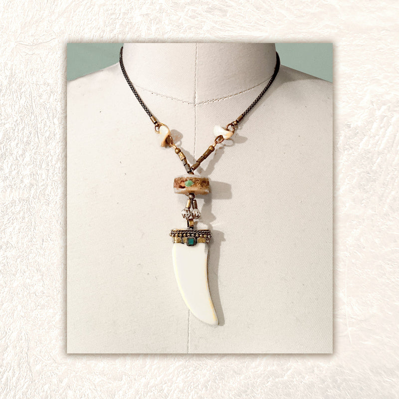 PENDANT NECKLACE  : Tooth Shaped Bone w/ Vertebrae Disc Inlaid with Turquoise & Coral G i l d e d   M a n e