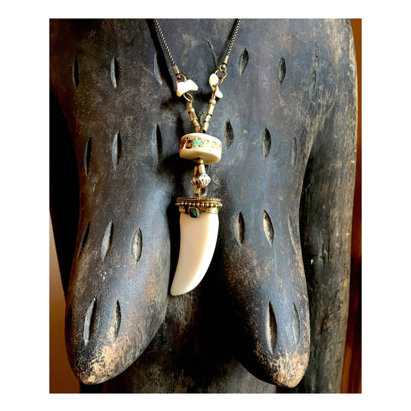 PENDANT NECKLACE  : Tooth Shaped Bone w/ Vertebrae Disc Inlaid with Turquoise & Coral G i l d e d   M a n e