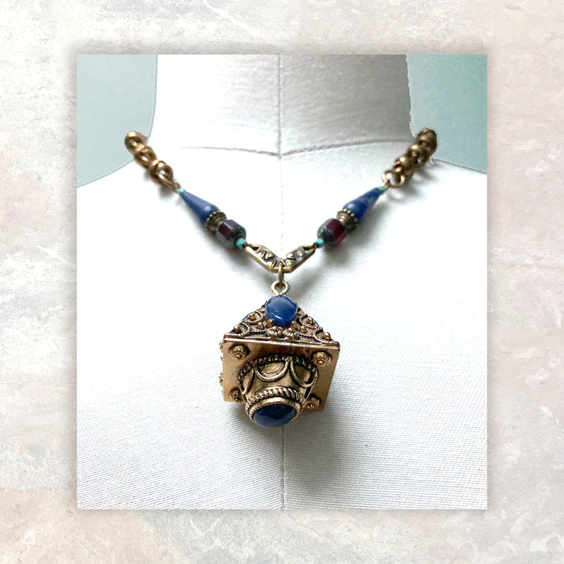 PENDANT NECKLACE : Vintage Brass Fob & Sodalite G i l d e d   M a n e