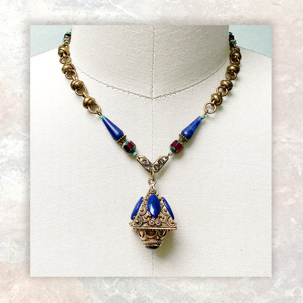 PENDANT NECKLACE : Vintage Brass Fob & Sodalite G i l d e d   M a n e