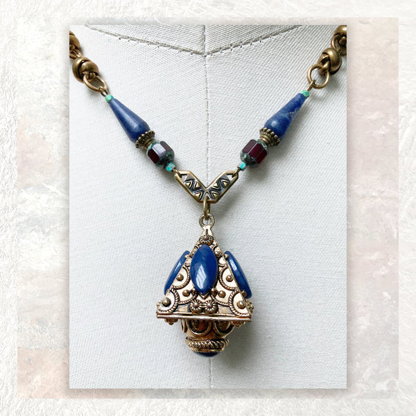 PENDANT NECKLACE : Vintage Brass Fob & Sodalite G i l d e d   M a n e