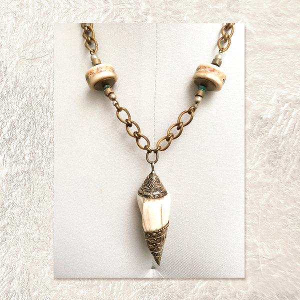 PENDANT NECKLACE : Vintage Silver & Vertebrae Discs Inlaid w/ Turquoise & Coral G i l d e d   M a n e