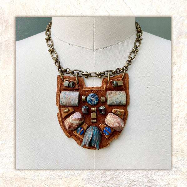 PETITE SHIELD NECKLACE : African "Turquoise" on Cognac Suede G i l d e d   M a n e