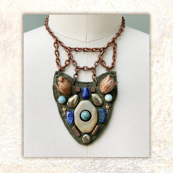 PETITE SHIELD NECKLACE : Tulips & Jasper on Olive Leather G i l d e d   M a n e