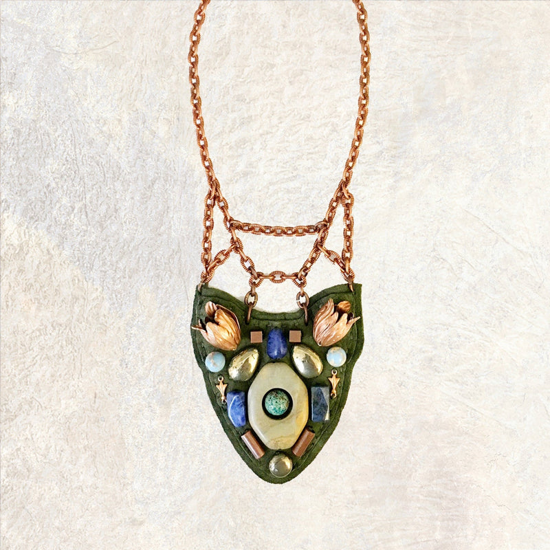PETITE SHIELD NECKLACE : Tulips & Jasper on Olive Leather G i l d e d   M a n e