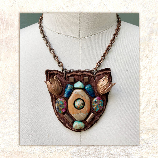 PETITE SHIELD NECKLACE : Tulips & Turquoise on Brown Leather G i l d e d   M a n e
