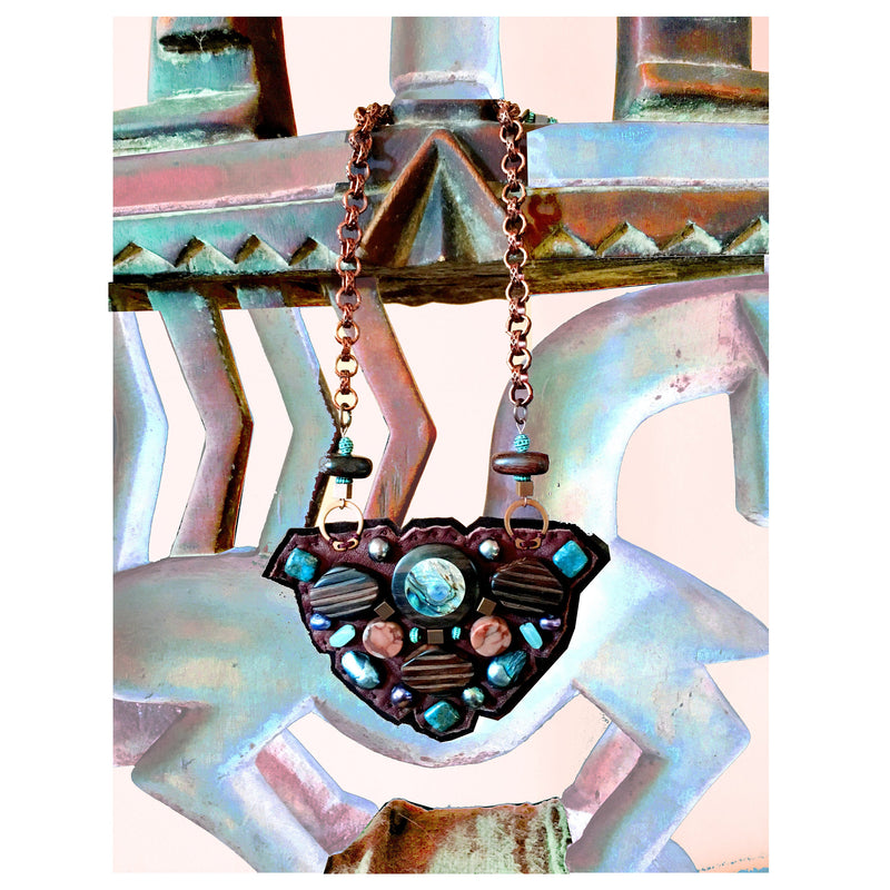 SHIELD NECKLACE : Abalone Inlaid Wood on Brown Leather G i l d e d   M a n e