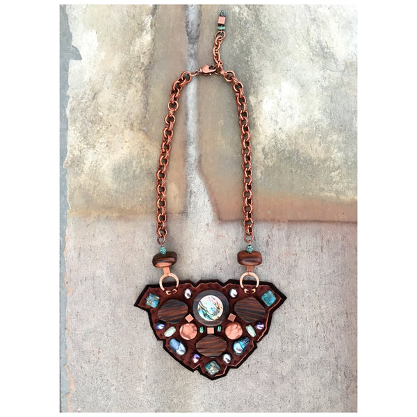 SHIELD NECKLACE : Abalone Inlaid Wood on Brown Leather G i l d e d   M a n e