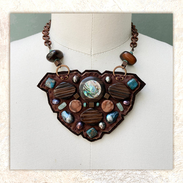 SHIELD NECKLACE : Abalone Inlaid Wood on Brown Leather G i l d e d   M a n e