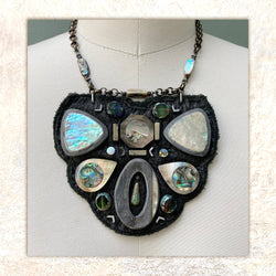 SHIELD NECKLACE : Abalone Shell on Black Leather G i l d e d   M a n e