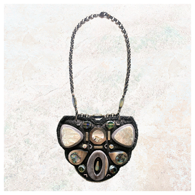 SHIELD NECKLACE : Abalone Shell on Black Leather G i l d e d   M a n e