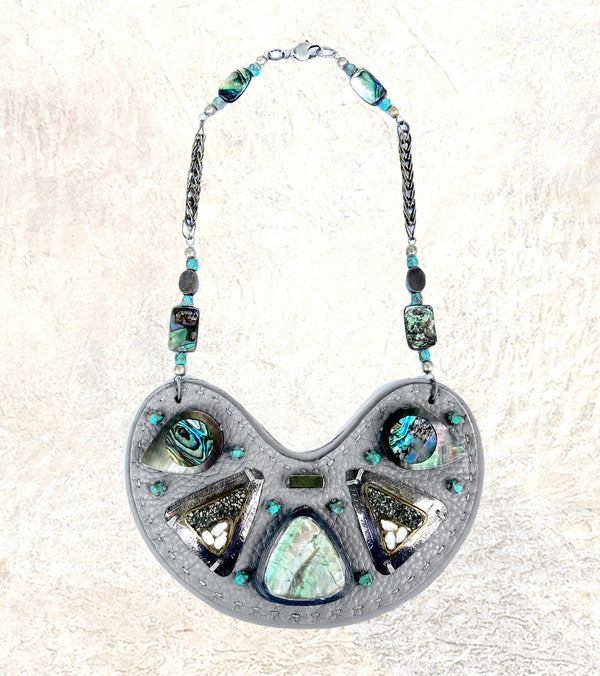 SHIELD NECKLACE : Abalone Shell on Grey Leather G i l d e d   M a n e