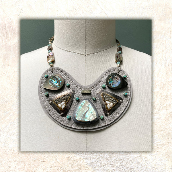 SHIELD NECKLACE : Abalone Shell on Grey Leather G i l d e d   M a n e