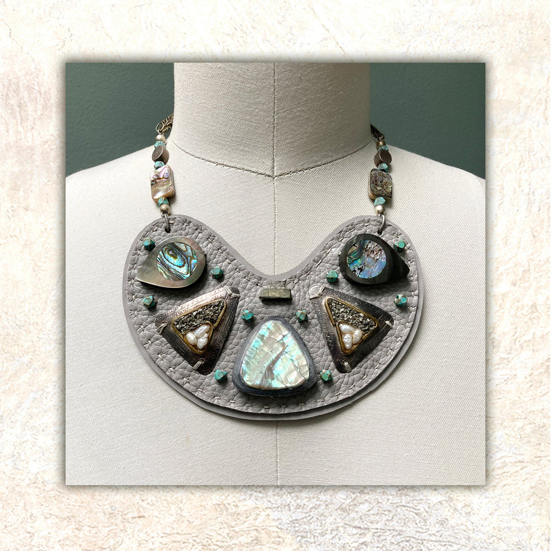 SHIELD NECKLACE : Abalone Shell on Grey Leather G i l d e d   M a n e
