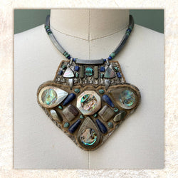 SHIELD NECKLACE : Abalone Shells on Grey Metallic Leather G i l d e d   M a n e
