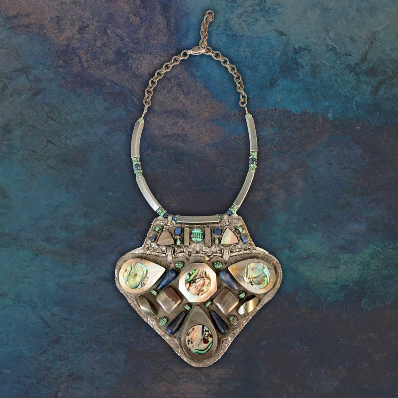 SHIELD NECKLACE : Abalone Shells on Grey Metallic Leather G i l d e d   M a n e