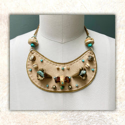 SHIELD NECKLACE : Brass Flowers & Turquoise on Cream Leather G i l d e d   M a n e