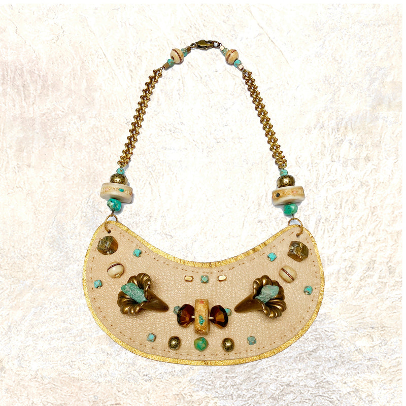 SHIELD NECKLACE : Brass Flowers & Turquoise on Cream Leather G i l d e d   M a n e