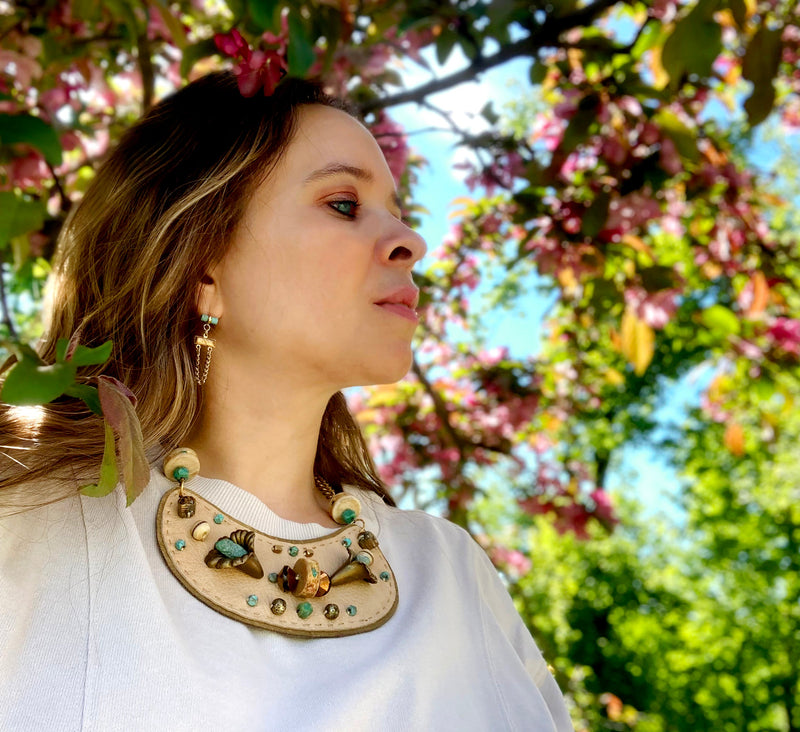 SHIELD NECKLACE : Brass Flowers & Turquoise on Cream Leather G i l d e d   M a n e