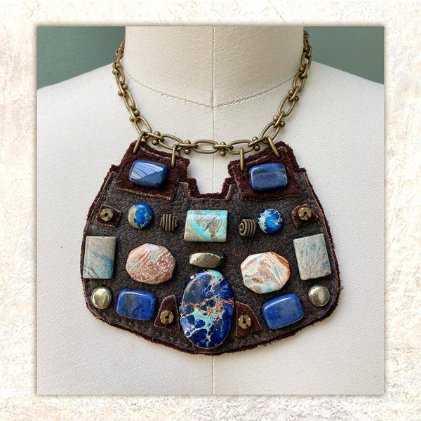 SHIELD NECKLACE : Jasper & Lapis on Chocolate Leather G i l d e d   M a n e