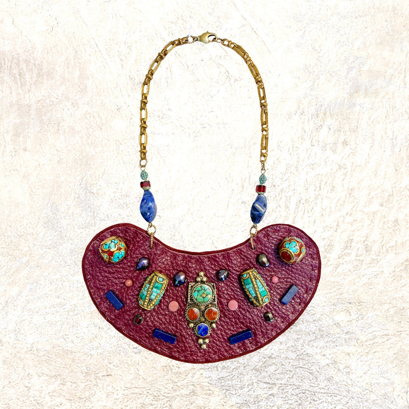 SHIELD NECKLACE : Reincarnated Jewels on Burgundy Leather G i l d e d   M a n e
