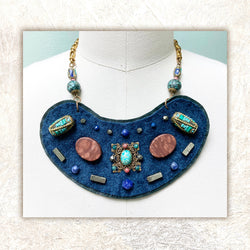 SHIELD NECKLACE : Reincarnated Jewels on Navy Leather G i l d e d   M a n e