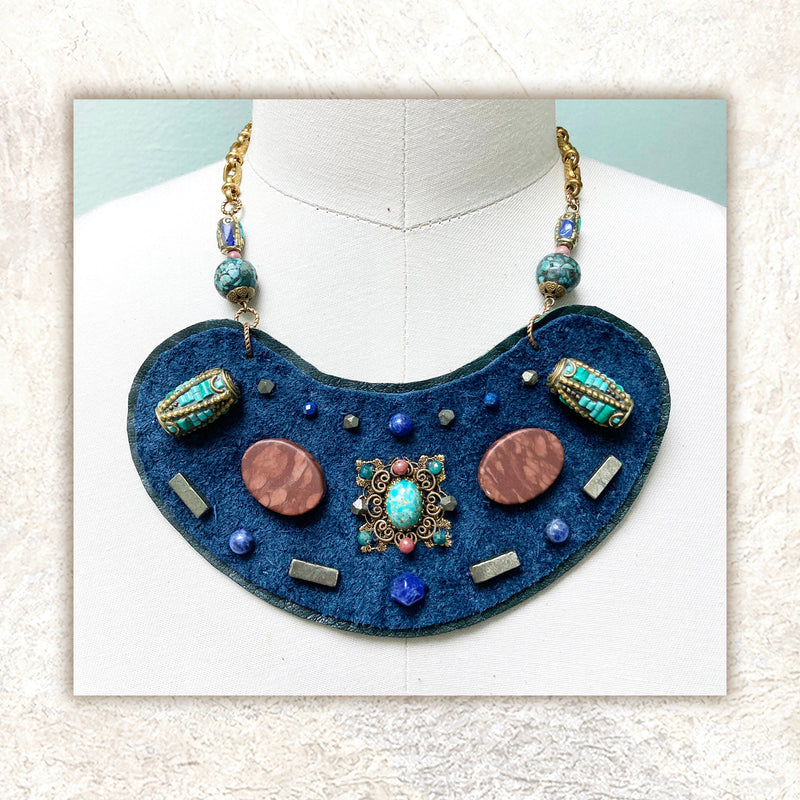 SHIELD NECKLACE : Reincarnated Jewels on Navy Leather G i l d e d   M a n e