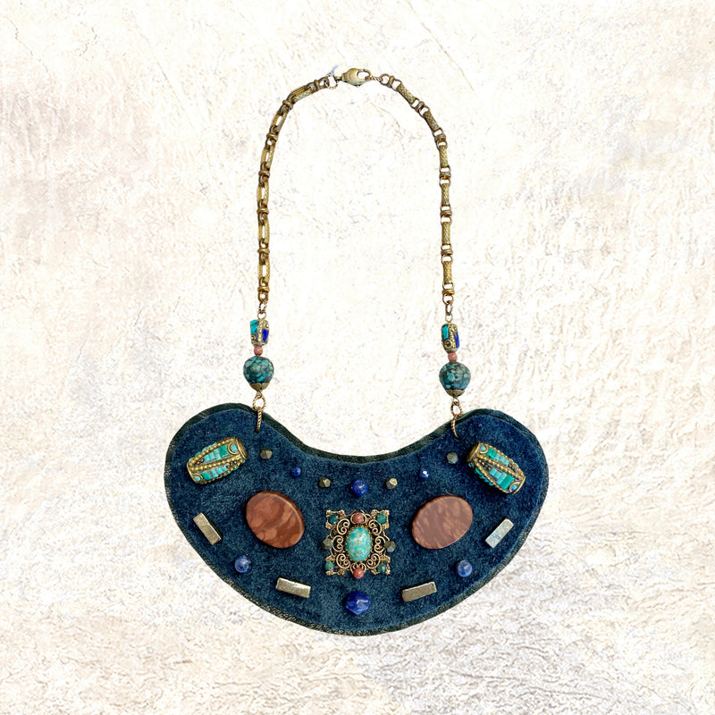 SHIELD NECKLACE : Reincarnated Jewels on Navy Leather G i l d e d   M a n e