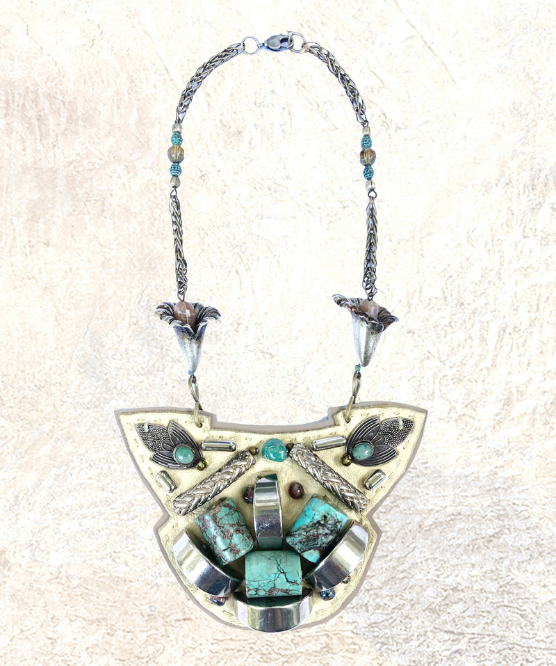 SHIELD NECKLACE : Turquoise & Antique Silver on Cream Leather G i l d e d   M a n e