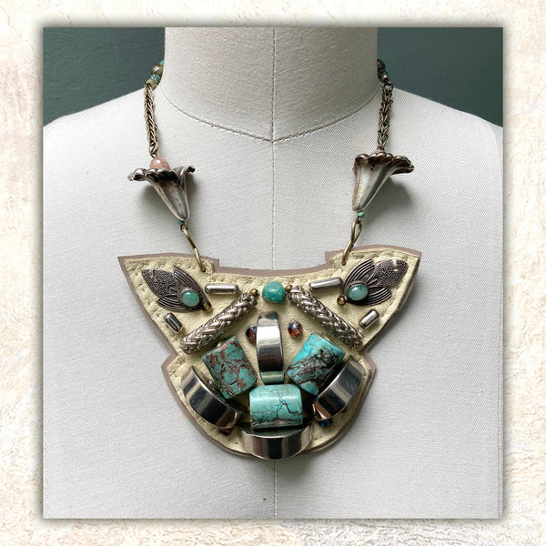 SHIELD NECKLACE : Turquoise & Antique Silver on Cream Leather G i l d e d   M a n e