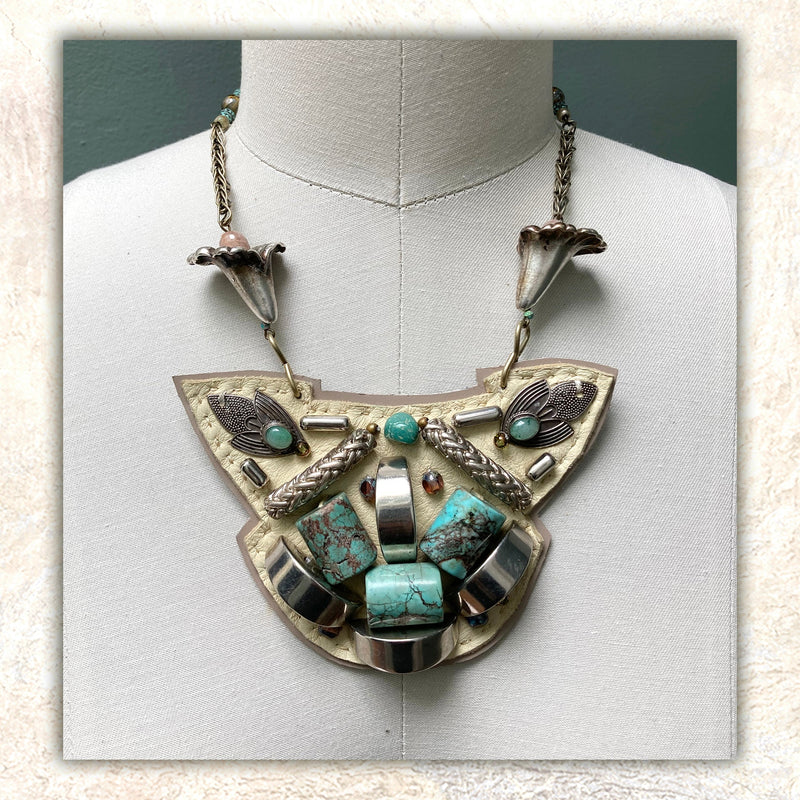 SHIELD NECKLACE : Turquoise & Antique Silver on Cream Leather G i l d e d   M a n e