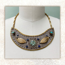 SHIELD NECKLACE : Turquoise Inlaid Brass on Taupe Leather G i l d e d   M a n e