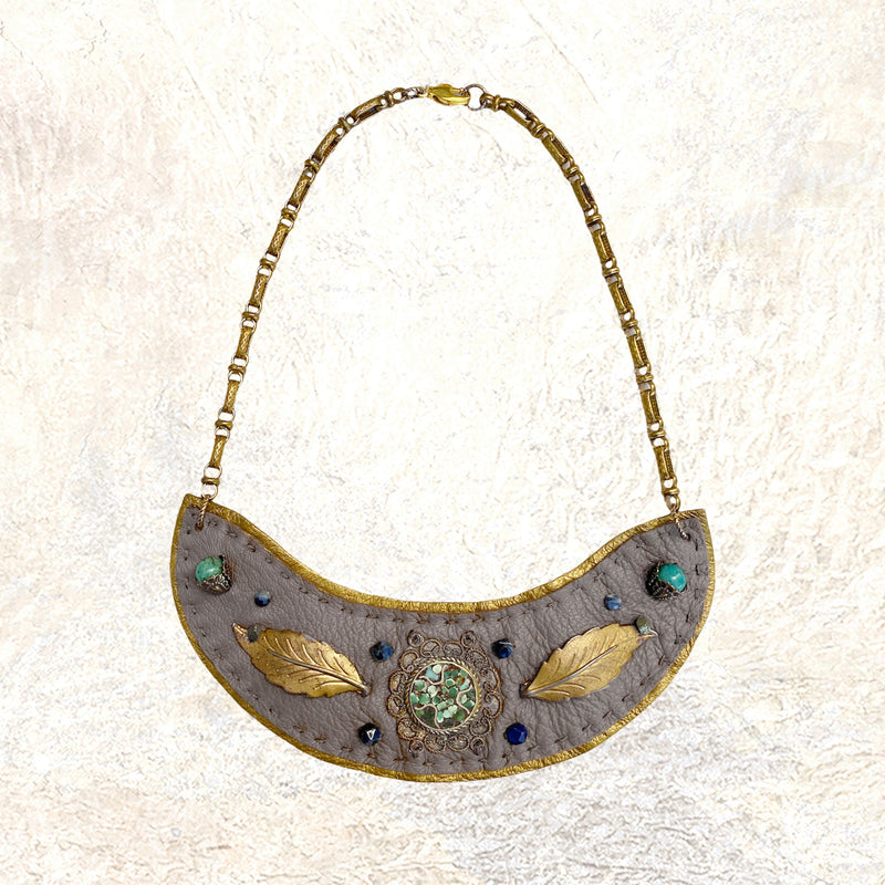 SHIELD NECKLACE : Turquoise Inlaid Brass on Taupe Leather G i l d e d   M a n e