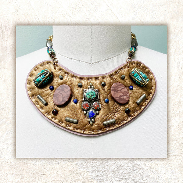 SHIELD NECKLACE : Turquoise & Lapis Inlay on Bronze Leather G i l d e d   M a n e