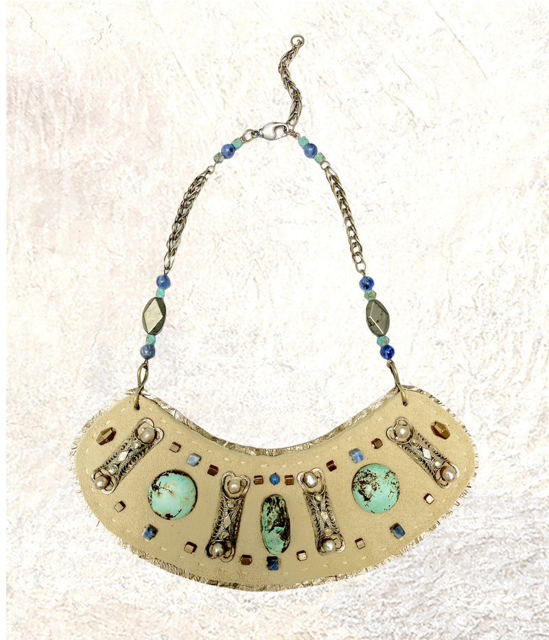 SHIELD NECKLACE : Turquoise on Cream Deerskin Suede G i l d e d   M a n e