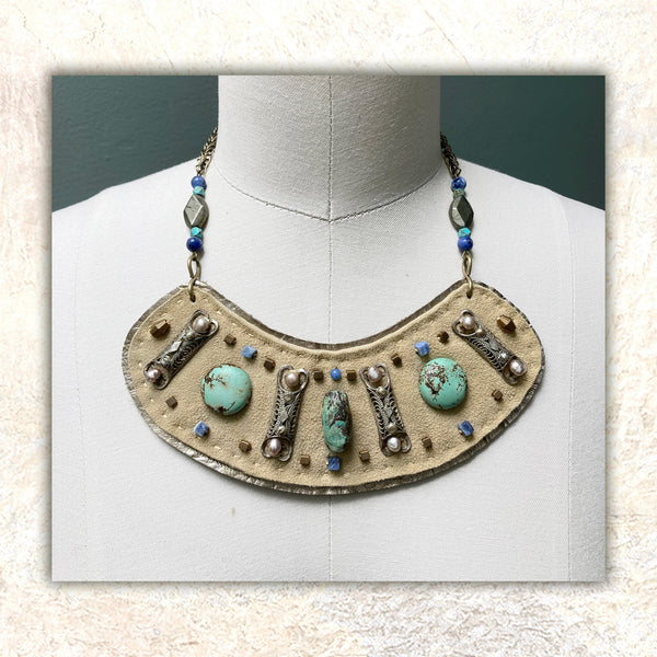 SHIELD NECKLACE : Turquoise on Cream Deerskin Suede G i l d e d   M a n e