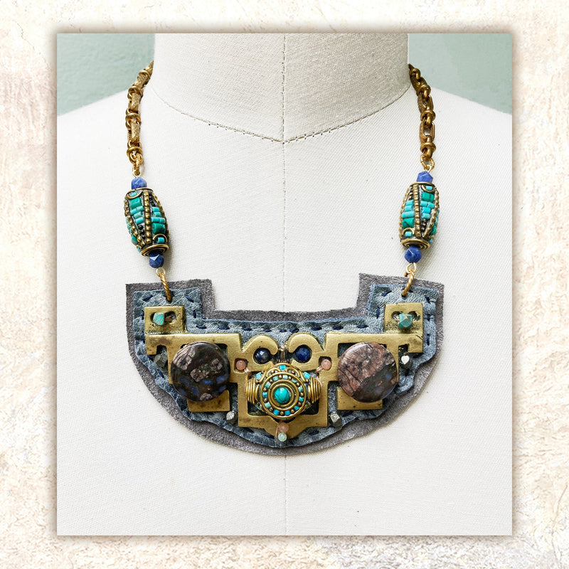 SHIELD NECKLACE : Vintage Brass & Turquoise on Slate Leather G i l d e d   M a n e