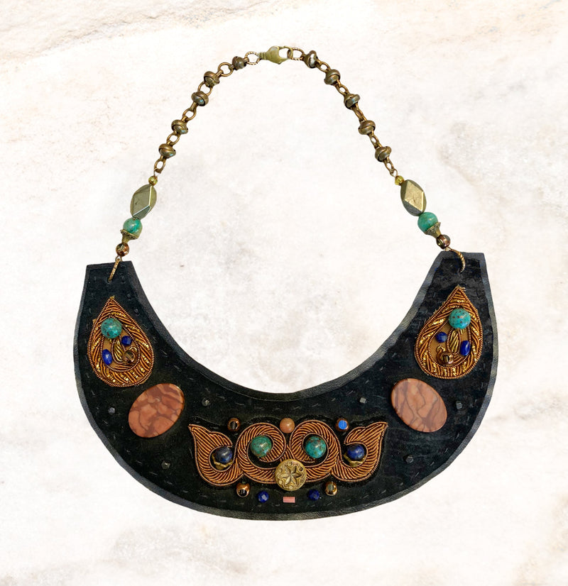 SHIELD NECKLACE : Zardozi Embroidery on Black Leather G i l d e d   M a n e