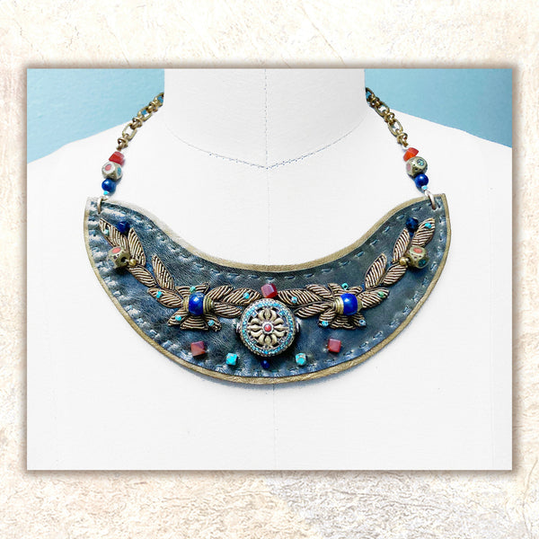 SHIELD NECKLACE : Zardozi Embroidery on Olive Leather G i l d e d   M a n e