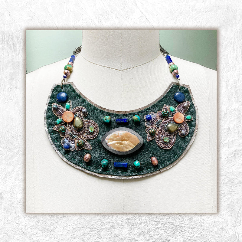 SHIELD NECKLACE : Zardozi & Turquoise on Emerald Leather G i l d e d   M a n e