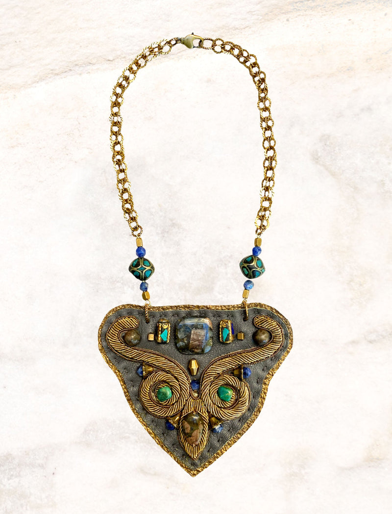 SHIELD NECKLACE : Zardozi & Turquoise on Grey Leather G i l d e d   M a n e