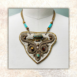 SHIELD NECKLACE : Zardozi & Turquoise on Grey Leather G i l d e d   M a n e