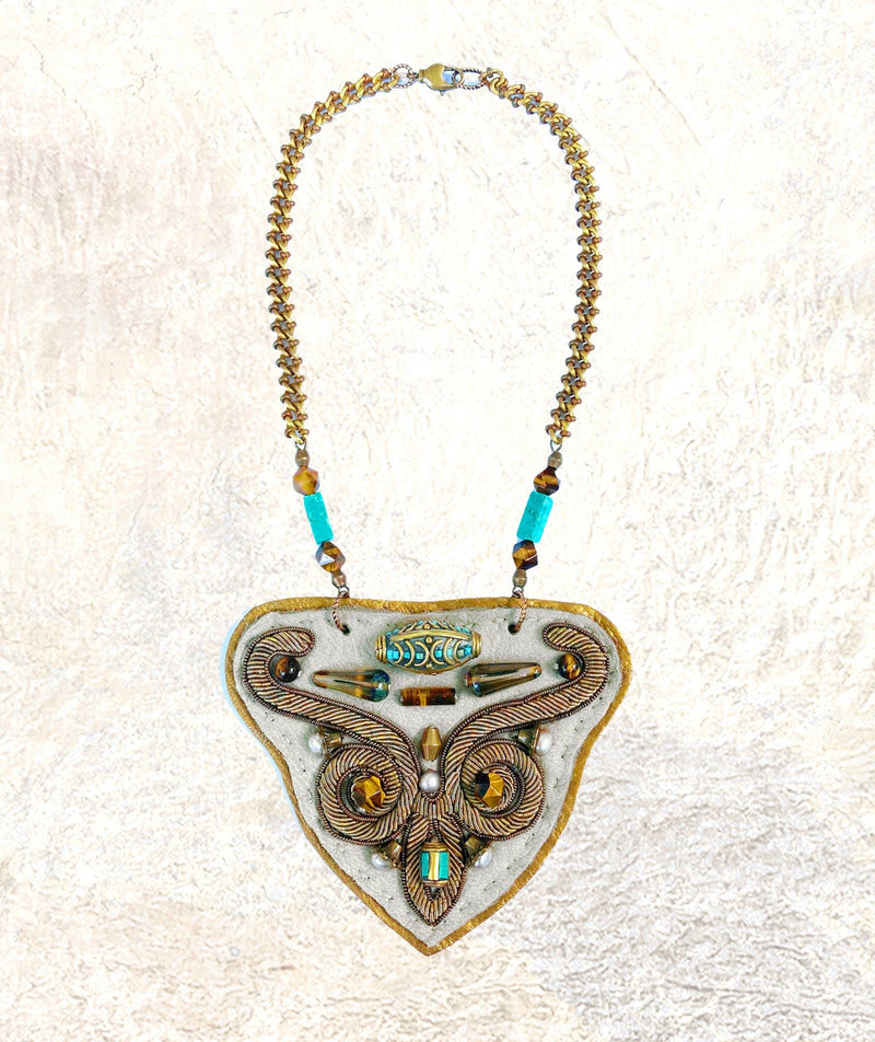 SHIELD NECKLACE : Zardozi & Turquoise on Grey Leather G i l d e d   M a n e