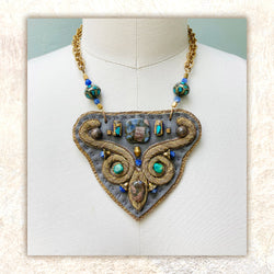 SHIELD NECKLACE : Zardozi & Turquoise on Grey Leather G i l d e d   M a n e