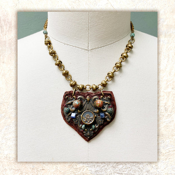 SHIELD PENDANT : Antique Brass & Jasper on Chocolate Suede G i l d e d   M a n e