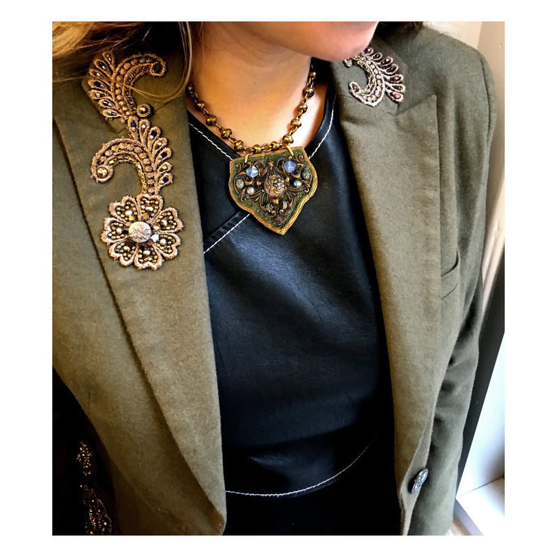 SHIELD PENDANT : Antique Brass and Sodalite on Olive & Metallic Leather G i l d e d   M a n e