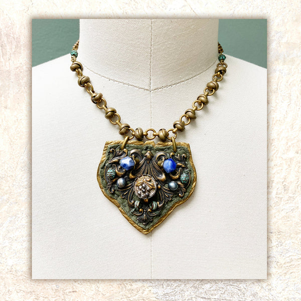 SHIELD PENDANT : Antique Brass and Sodalite on Olive & Metallic Leather G i l d e d   M a n e