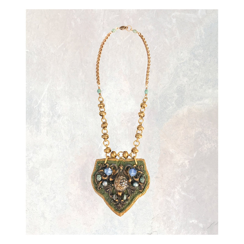 SHIELD PENDANT : Antique Brass and Sodalite on Olive & Metallic Leather G i l d e d   M a n e