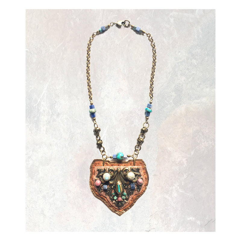 SHIELD PENDANT : Antique Brass and Turquoise on Desert Rose Leather G i l d e d   M a n e