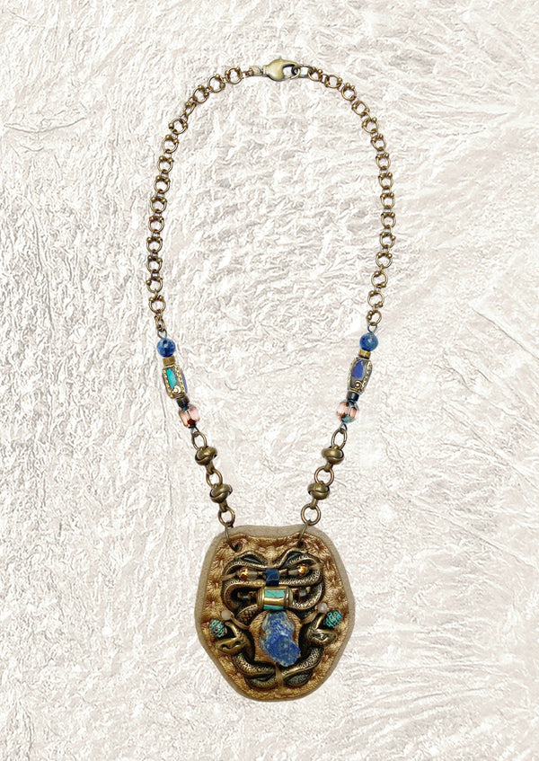 SHIELD PENDANT : Brass Serpent & Turquoise on Metallic Leather G i l d e d   M a n e